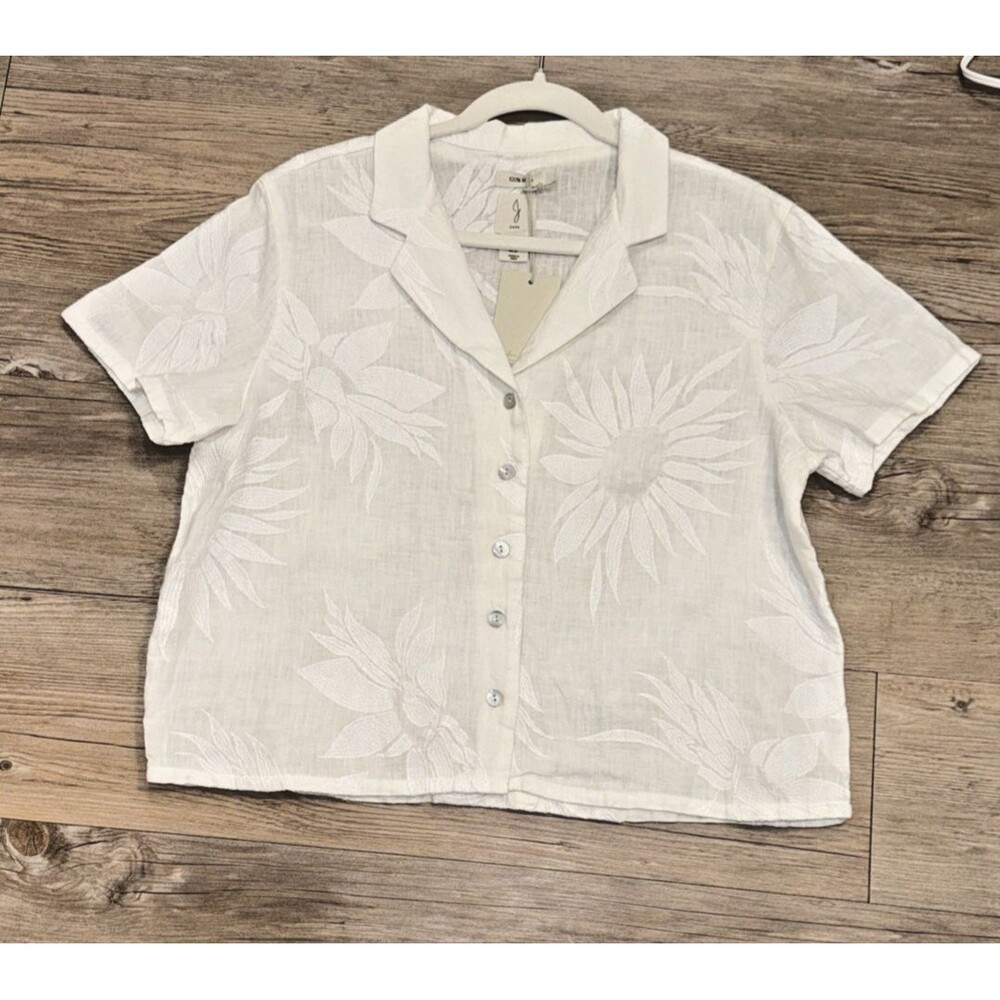Joie White NWT 100% Linen Sunflower Embroidered Collared Top Size M Boho Beachy